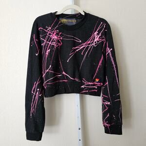 AVIATOR NATION NWT Artist Collection Pink Splatter Paint Cropped Sweatshirt Sz L